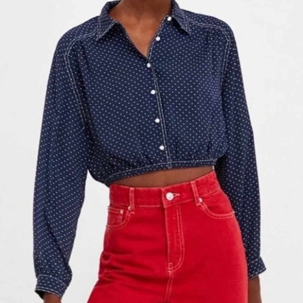 Zara Navy Polka Dot Crop Long Sleeve Blouse Size Medium